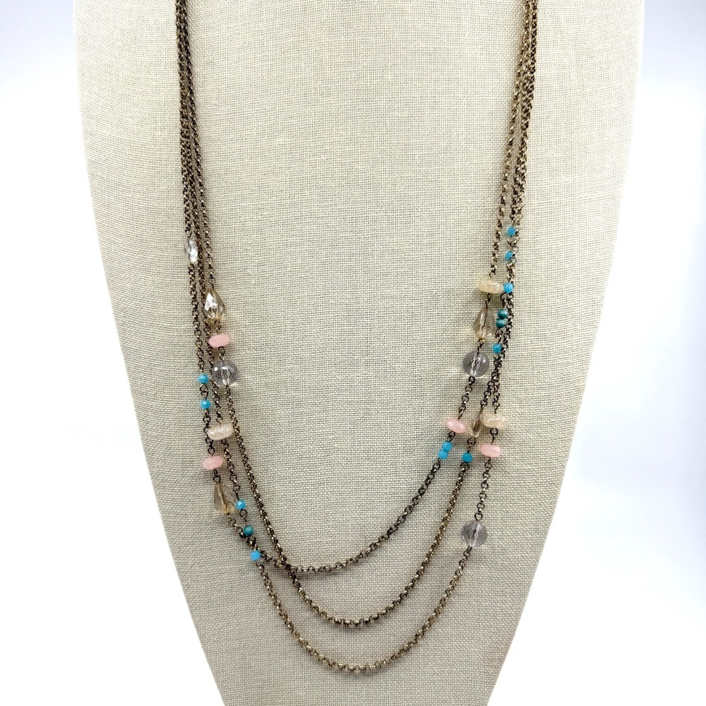 Multi-Strand Statement Necklace Pink Blue Crystal Beads Boho Layering Jewelry